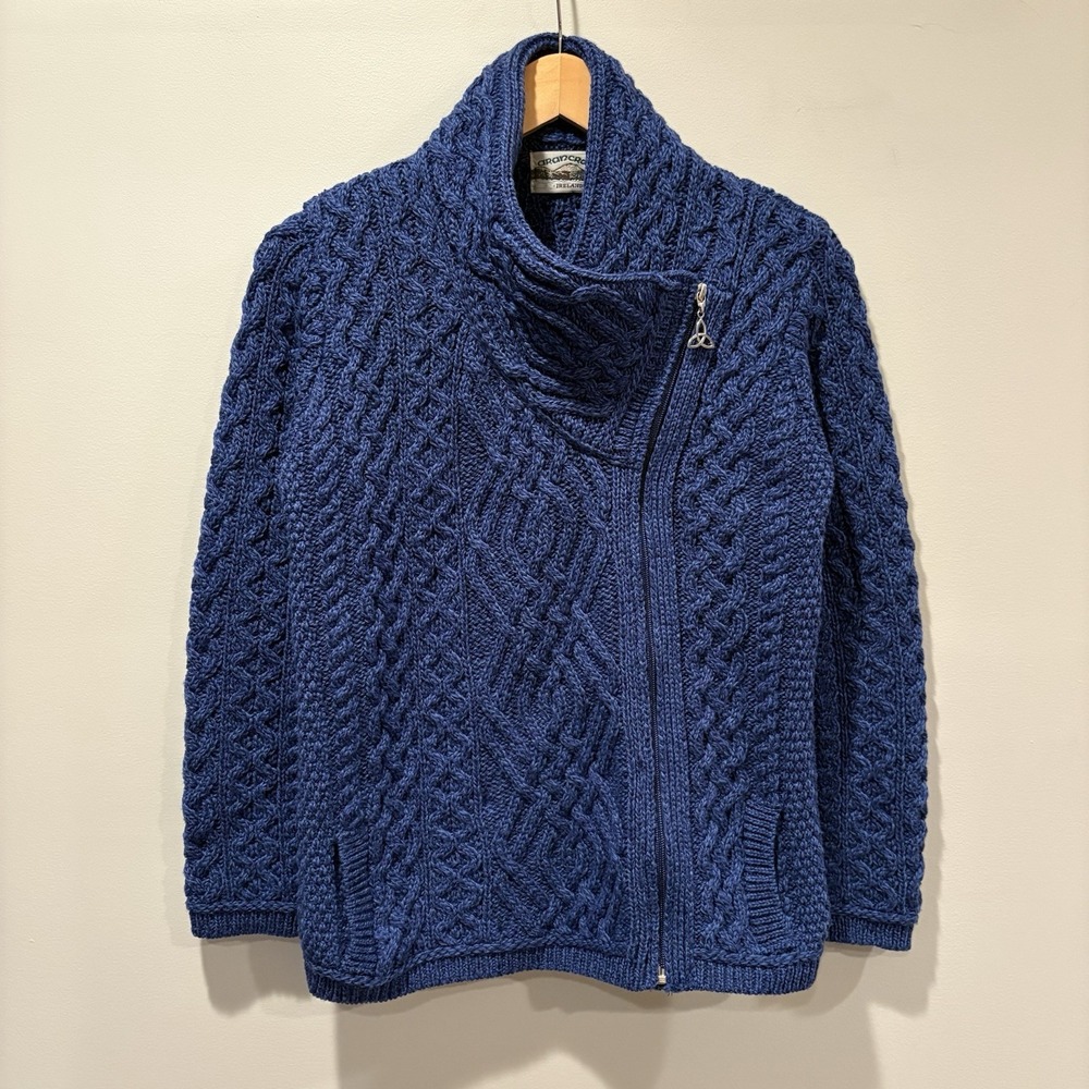 Aran Crafts 100% Merino Wool Cable Knit Side Zip Jacket Cardigan Women's S Blue - Picture 2 of 11